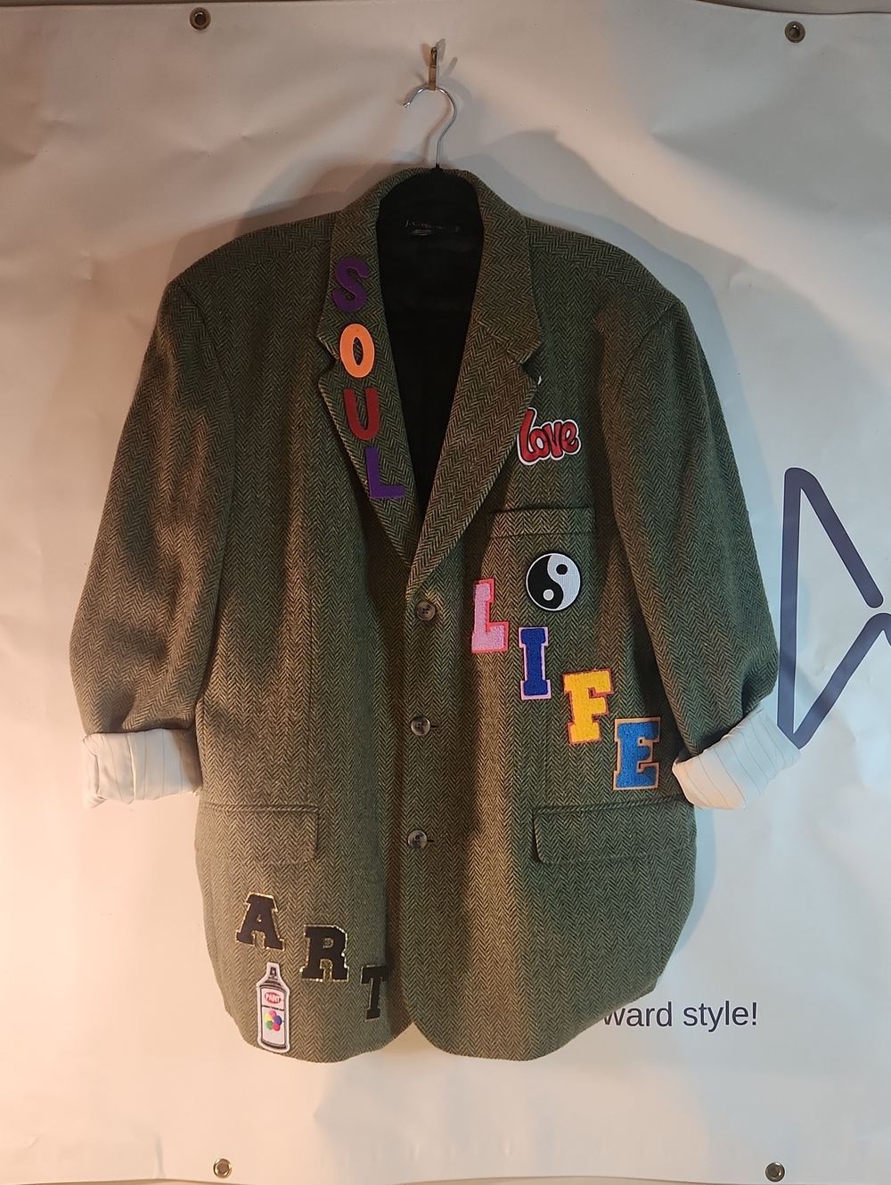 J. Crew Olive Herringbone Blazer with Colorful Embroidered Patches